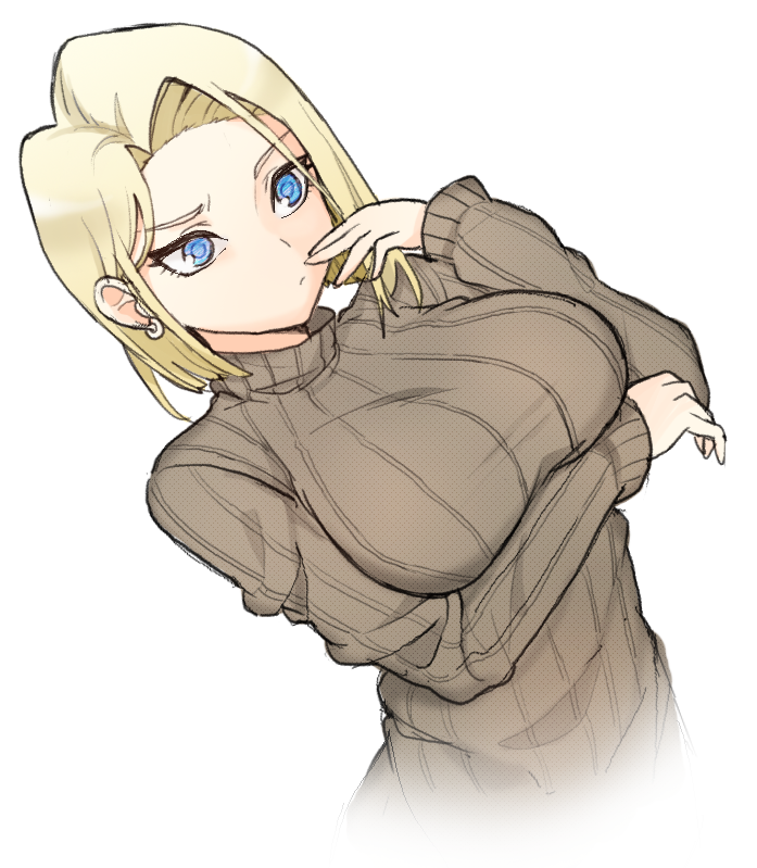 1girl, android_18, bangs, blonde_hair, blue_eyes, breast_hold, breasts, dragon_ball, dragonball_z, dutch_angle, hand_to_own_mouth, jorin, large_breasts, long_sleeves, looking_away, parted_bangs, ribbed_sweater, short_hair, simple_background, sleeves_past_wrists, solo, sweater, turtleneck, turtleneck_sweater, upper_body, white_background