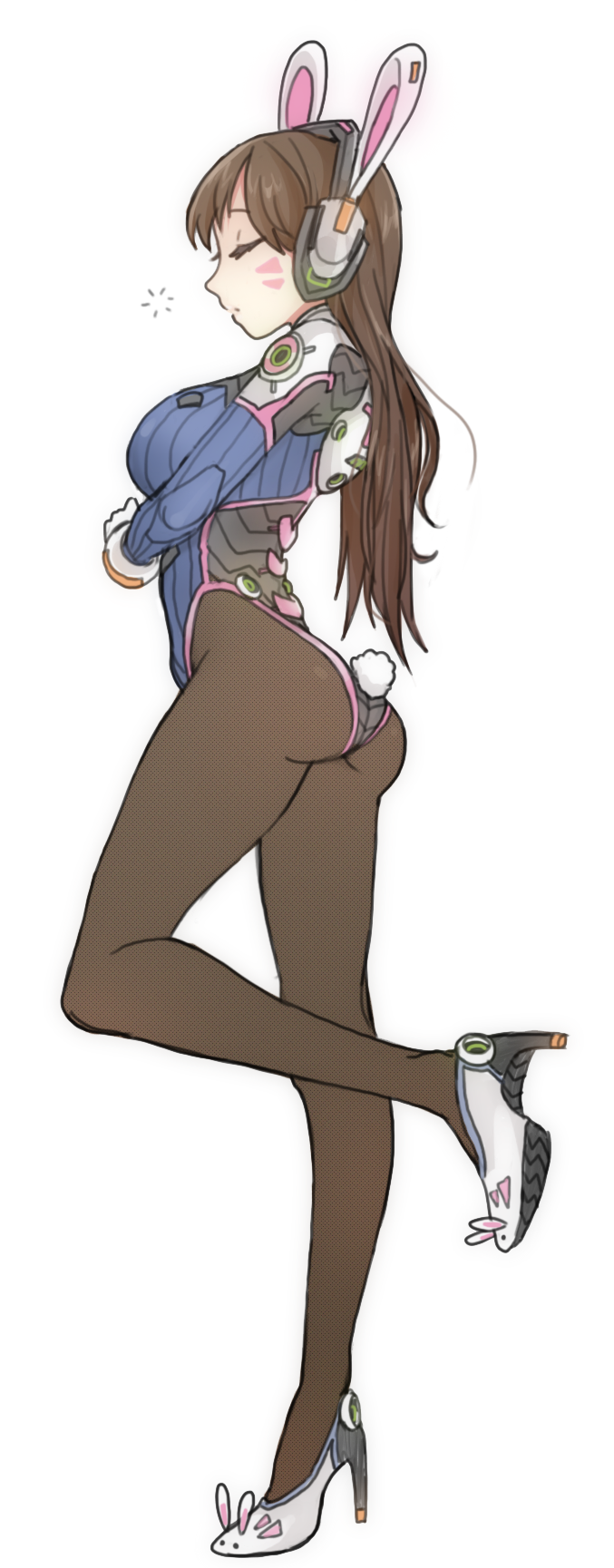 1girl, animal_ears, arched_back, ass, breast_hold, breasts, brown_hair, brown_legwear
