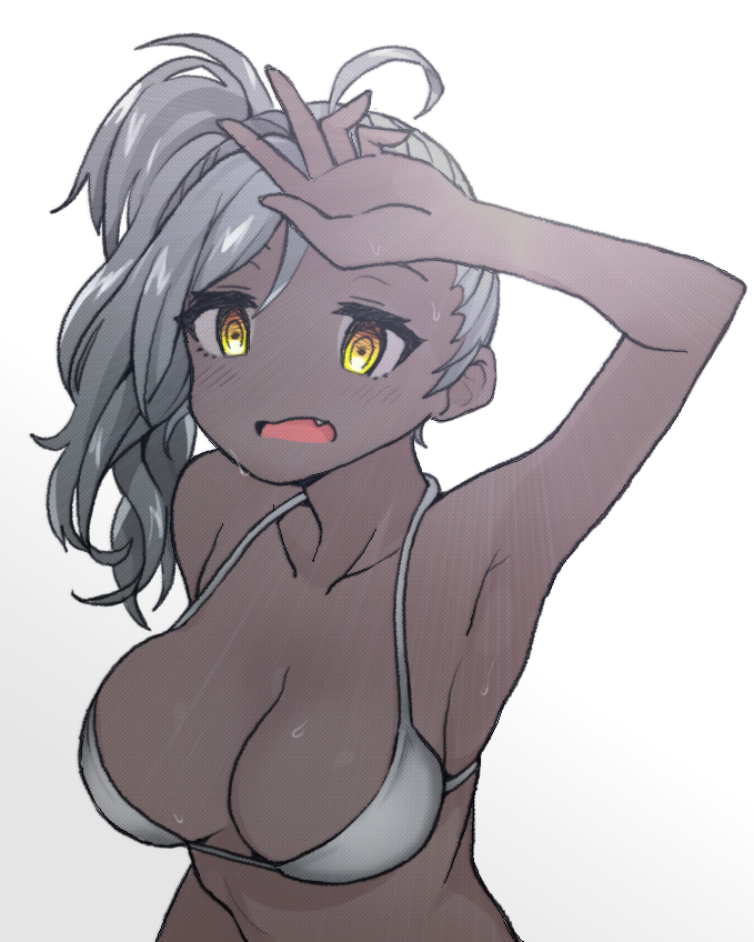 1girl, ahoge, arm_up, armpits, bikini_top, breasts, cleavage, dark_skin