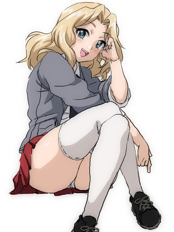 1girl, black_necktie, blazer, blonde_hair, blouse, blue_eyes, blue_shoes, cross-laced_footwear