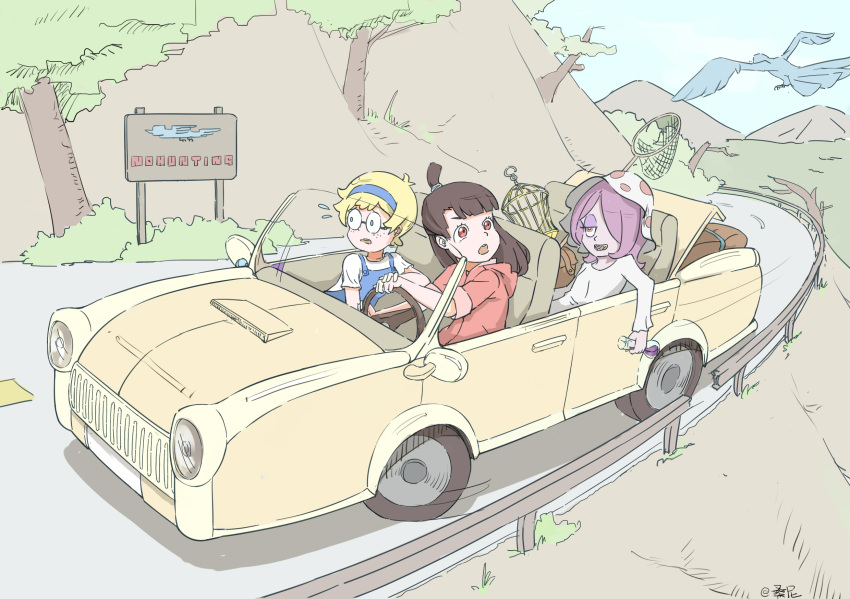 3girls, bird, blonde_hair, blue_eyes, brown_hair, butterfly_net, cage, car