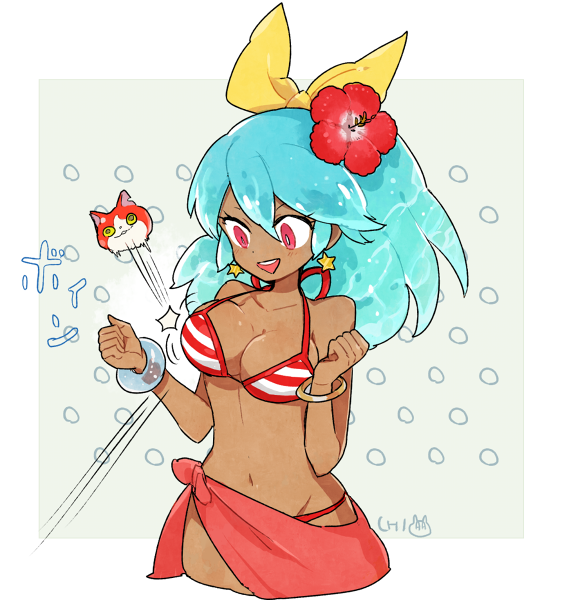10s, 1girl, aqua_hair, bangle, beachhime, bikini, bracelet, breasts, earrings, flower, hair_flower, hair_ornament, hibiscus, jewelry, jibanyan, l_hakase, navel, open_mouth, pink_eyes, sarong, solo, star, star_earrings, striped, striped_bikini, swimsuit, tan, youkai, youkai_watch