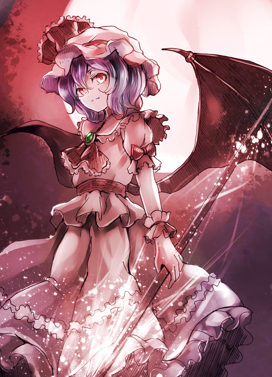 1girl, ascot, bat_wings, brooch, dress, full_moon, gungnir_(weapon), hat