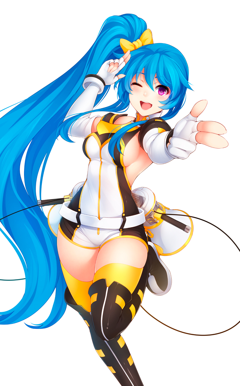 1girl, ;d, anime_revolution, belt, black_boots, blue_hair, boots, breasts, detached_sleeves, elbow_gloves, finger_gun, fingerless_gloves, gloves, high_heel_boots, high_heels, highres, long_hair, mascot, medium_breasts, megaphone, one_eye_closed, open_mouth, original, ponytail, ricegnat, senkaku_mei, sideboob, simple_background, smile, solo, thigh-highs, thigh_boots, very_long_hair, violet_eyes, white_background, white_gloves, yellow_legwear