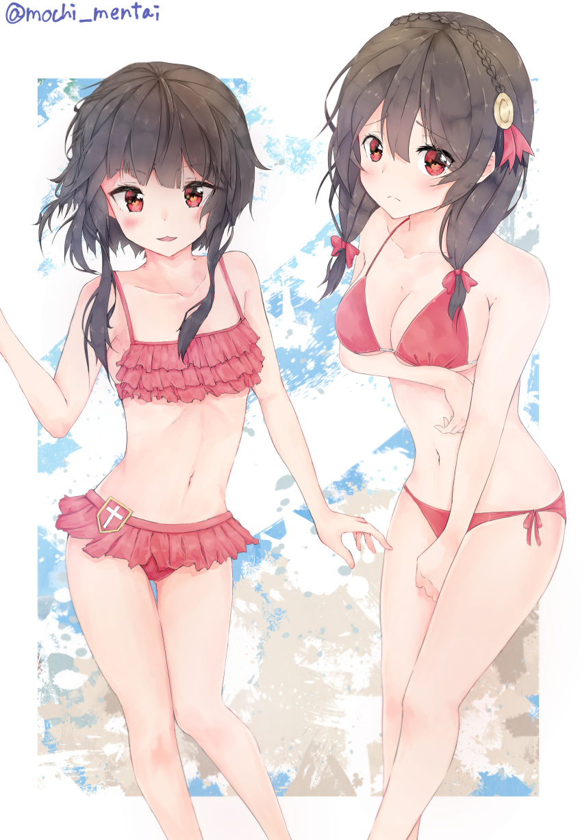 2girls, absurdres, between_legs, bikini, black_hair, blush, braid, breast_hold, breasts, cleavage, collarbone, flat_chest, french_braid, frilled_bikini, frills, hair_between_eyes, hair_ribbon, hand_between_legs, highres, kono_subarashii_sekai_ni_shukufuku_wo!, long_hair, looking_at_viewer, medium_breasts, megumin, mochimentai, multiple_girls, navel, open_mouth, red_bikini, red_eyes, ribbon, short_hair_with_long_locks, side-tie_bikini, swimsuit, twitter_username, yunyun_(konosuba)