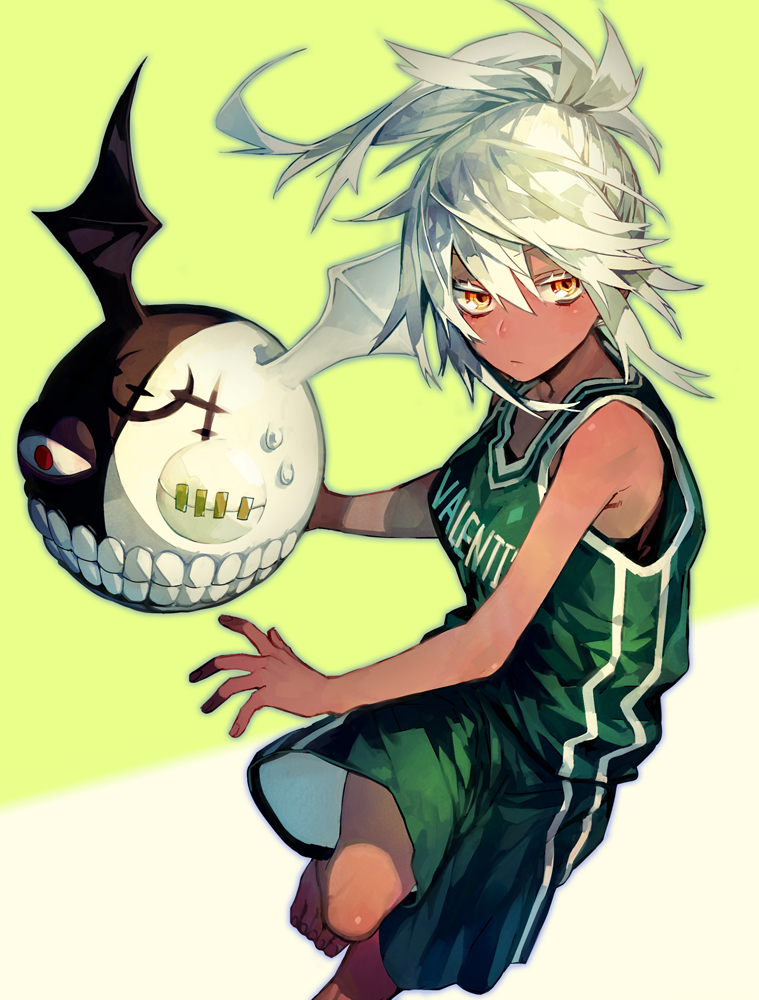 1girl, barefoot, basketball, basketball_uniform, breasts, commentary_request, dark_skin, expressionless