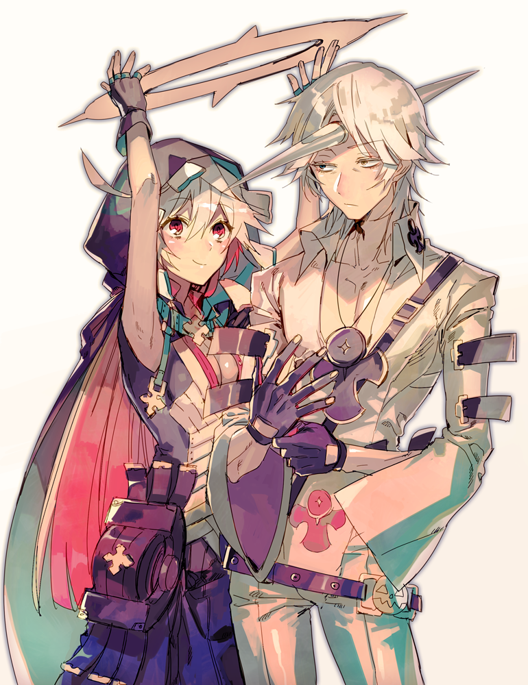1boy, 1girl, ahoge, belt, black_gloves, bodysuit, breasts, cleavage, cosplay, costume_switch, gloves, guilty_gear, guilty_gear_xrd, halo, hood, horn, jack-o_(guilty_gear), jack-o_(guilty_gear)_(cosplay), long_hair, multicolored_hair, raven_(guilty_gear), raven_(guilty_gear)_(cosplay), red_eyes, redhead, short_hair, silver_hair, suzunashi, two-tone_hair