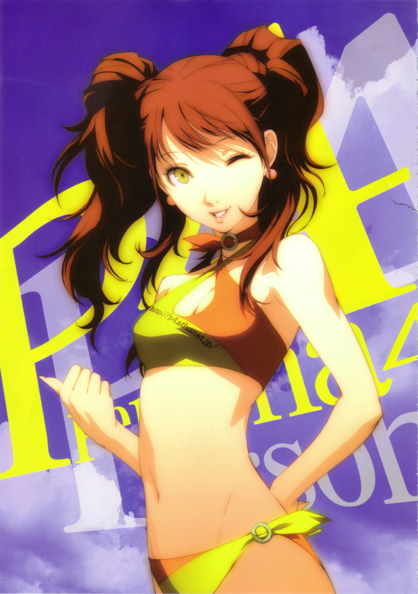 artbook, bikini, highres, kujikawa_rise, midriff, official_art, persona, persona_4