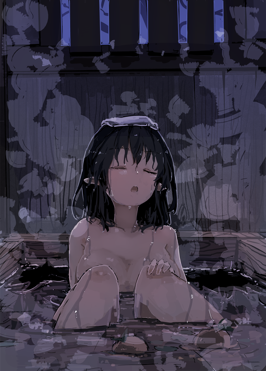 1girl, bath, black_hair, breasts, cleavage, closed_eyes, dark, eyebrows_visible_through_hair