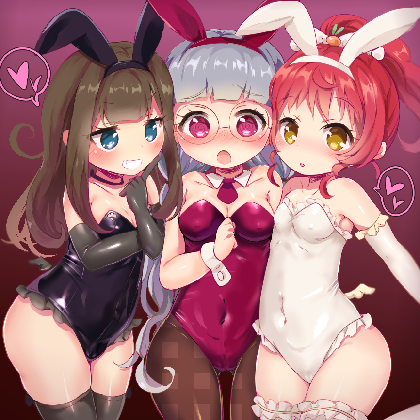 animal_ears, black_gloves, black_legwear, black_leotard, blue_eyes, brown_hair, brown_legwear, bunny_tail