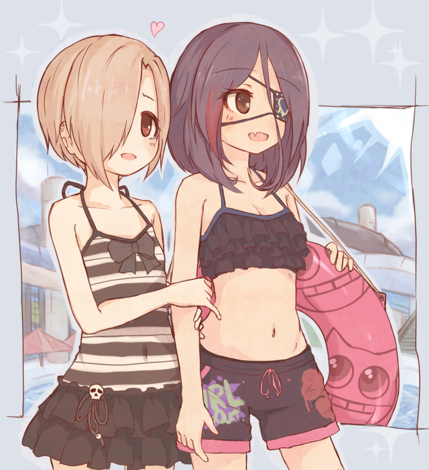 10s, 2girls, arm_grab, bags_under_eyes, blonde_hair, blush, brown_eyes, ear_piercing