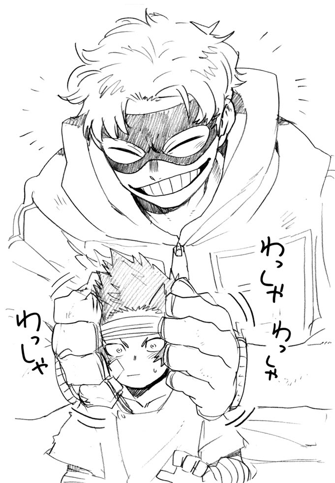 2boys, boku_no_hero_academia, closed_eyes, domino_mask, fatgum, greyscale, grin, hood