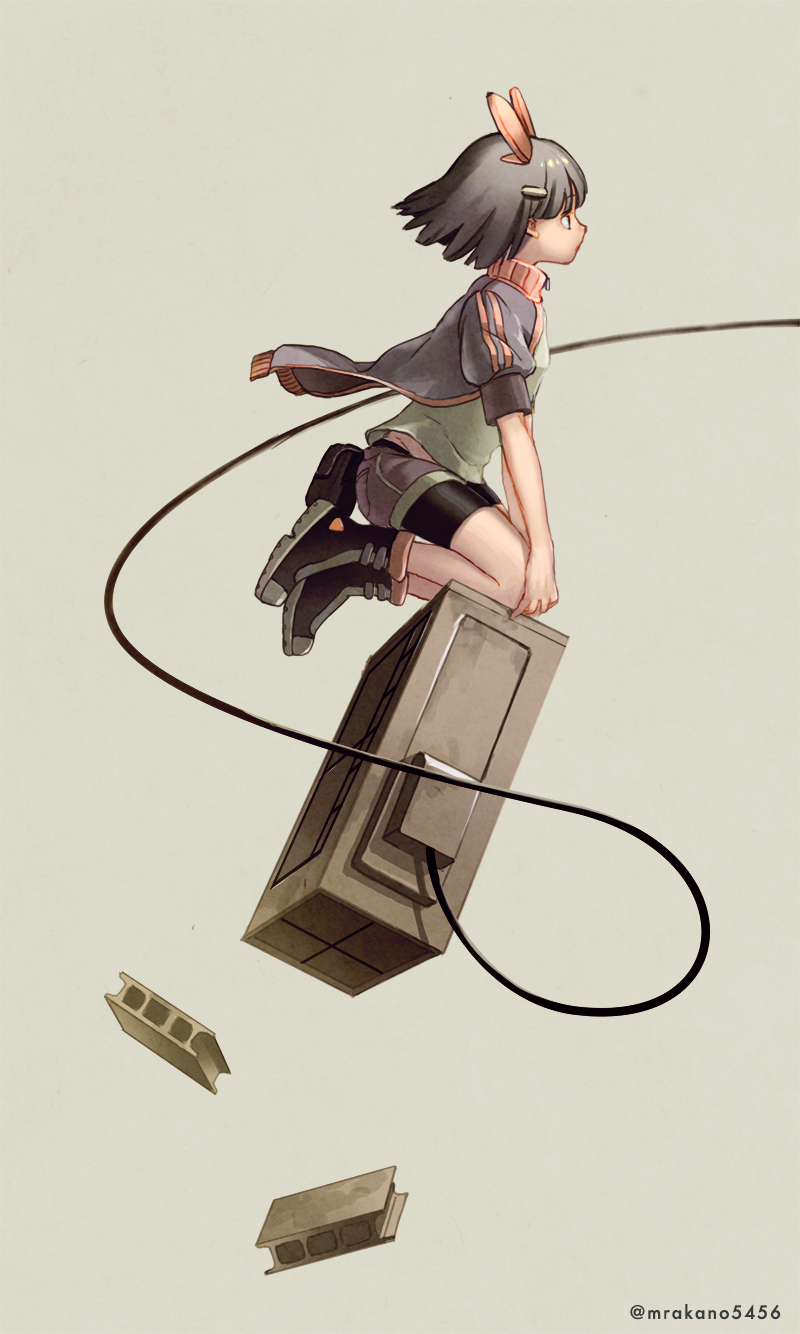 1girl, animal_ears, black_boots, black_eyes, boots, eyebrows_visible_through_hair, fake_animal_ears, from_side, grey_hair, highres, kouka_(mrakano5456), looking_away, mouse_ears, mouse_nose, original, short_hair, short_sleeves, shorts, solo