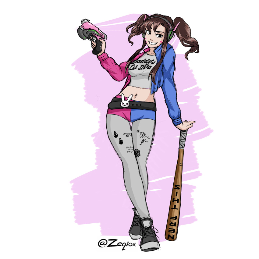 1girl, absurdres, animal_print, arm_support, baseball_bat, belt, belt_buckle, breasts, brown_eyes, brown_hair, buckle, bunny_belt_buckle, clothes_writing, crop_top, d.va_(overwatch), dc_comics, facepaint, facial_mark, finger_on_trigger, full_body, fusion, grey_legwear, grey_shirt, gun, handgun, harley_quinn, headphones, highres, holding, holding_gun, holding_weapon, jacket, long_hair, looking_at_viewer, medium_breasts, midriff, navel, overwatch, pantyhose, pantyhose_under_shorts, pistol, shirt, shoes, shorts, sketch, smile, sneakers, solo, standing, suicide_squad, twintails, twitter_username, weapon, whisker_markings, white_background, zeqiox