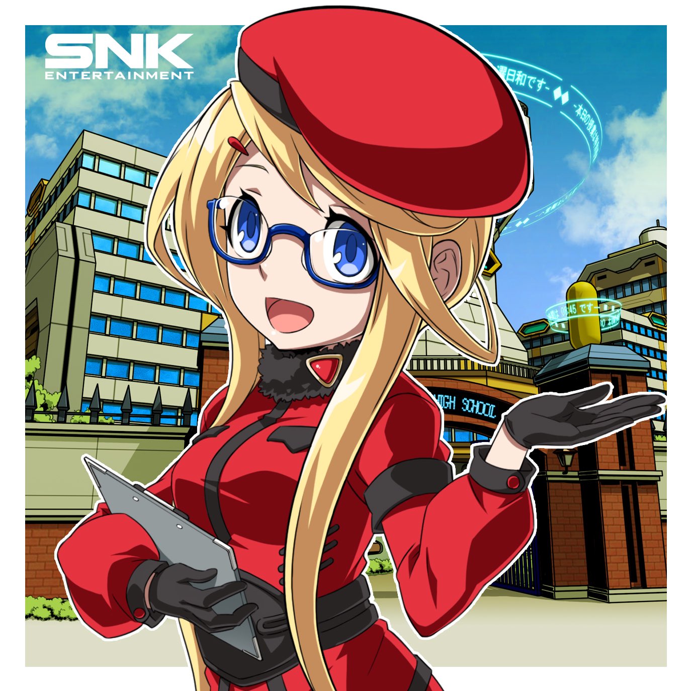 1girl, beret, black_gloves, blue-framed_eyewear, blue_cky, clipboard, clouds, coat