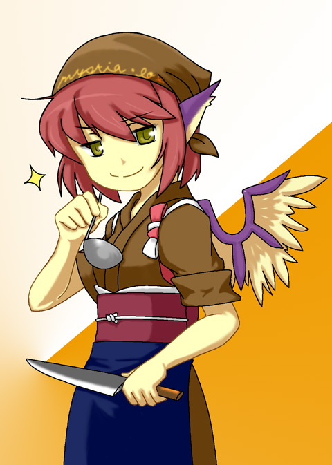 japanese_clothes, knife, ladle, mystia_lorelei, okamisty, radiance, red_hair, redhead, short_hair, solo, tasuki, touhou, wings, yellow_eyes