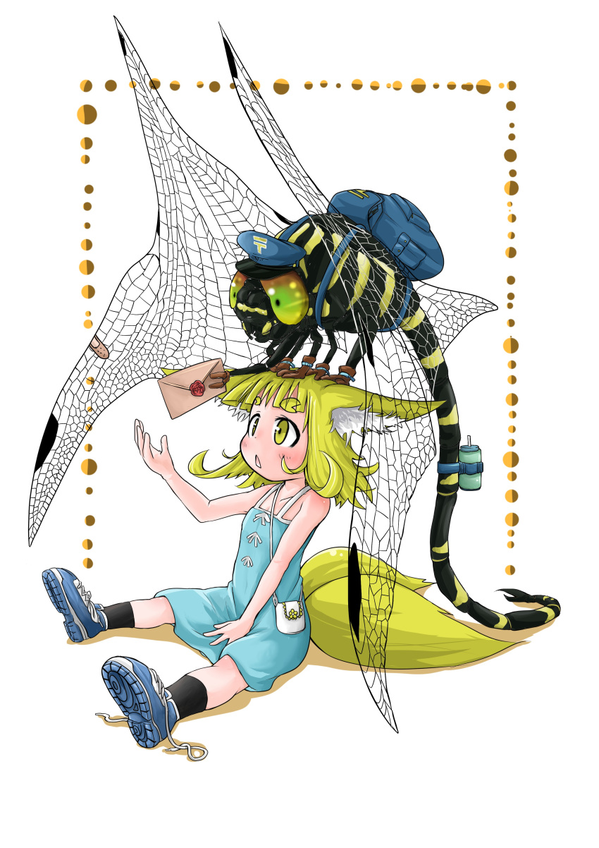 :o, absurdres, animal, animal_ears, animal_in_clothes, backpack, bag, bandaid_on_wing, bare_shoulders, black_legwear, blonde_hair, blue_dress, blue_shoes, child, doitsuken, dragonfly, dragonfly_wings, dress, fox_ears, fox_tail, hat, highres, holding_letter, insect, letter, mailman, multiple_tails, original, outstretched_arm, oversized_animal, shoes, short_hair, tail, thick_eyebrows, torii, untied_shoes, yellow_eyes