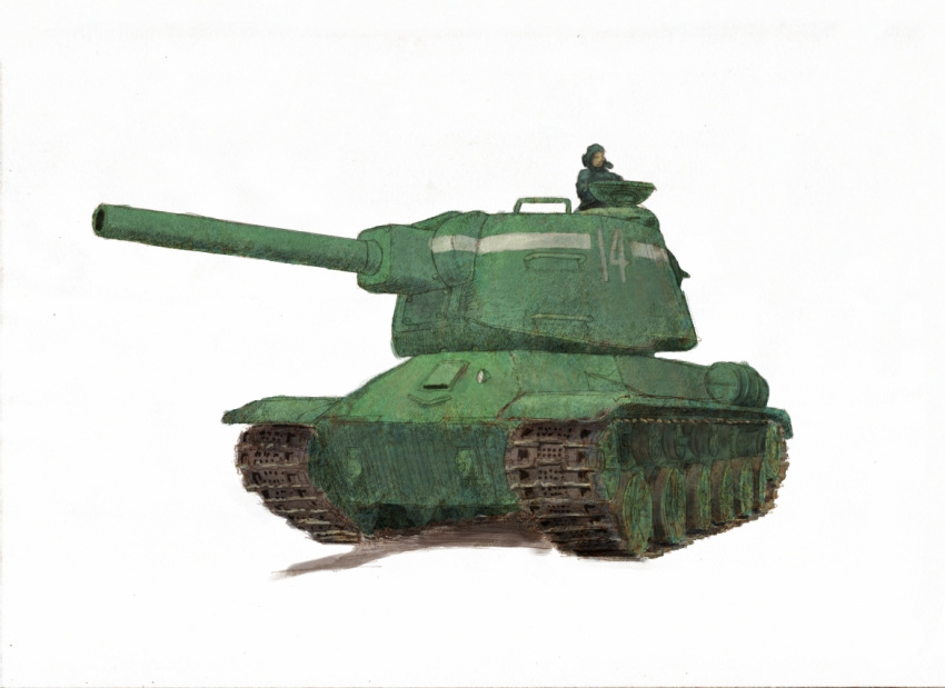 1boy, ground_vehicle, is-152, military, military_vehicle, motor_vehicle, orzer, panzer_front, tank, tank_helmet, white_background
