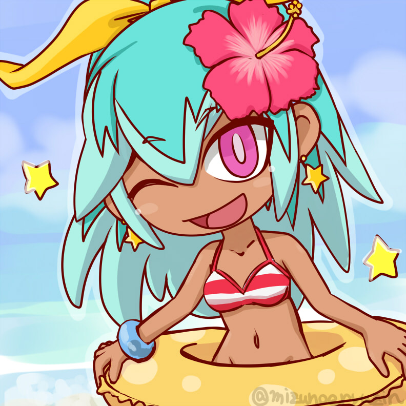 10s, 1girl, beachhime, bikini, blue_hair, bottomless, bow, bracelet, flower, groin, hair_bow, hair_flower, hair_ornament, hibiscus, innertube, jewelry, long_hair, multicolored_hair, navel, ocean, one_eye_closed, open_mouth, pendant, ryuzin, sky, smile, star, striped, striped_bikini, swimsuit, tan, twitter_username, violet_eyes, youkai_watch