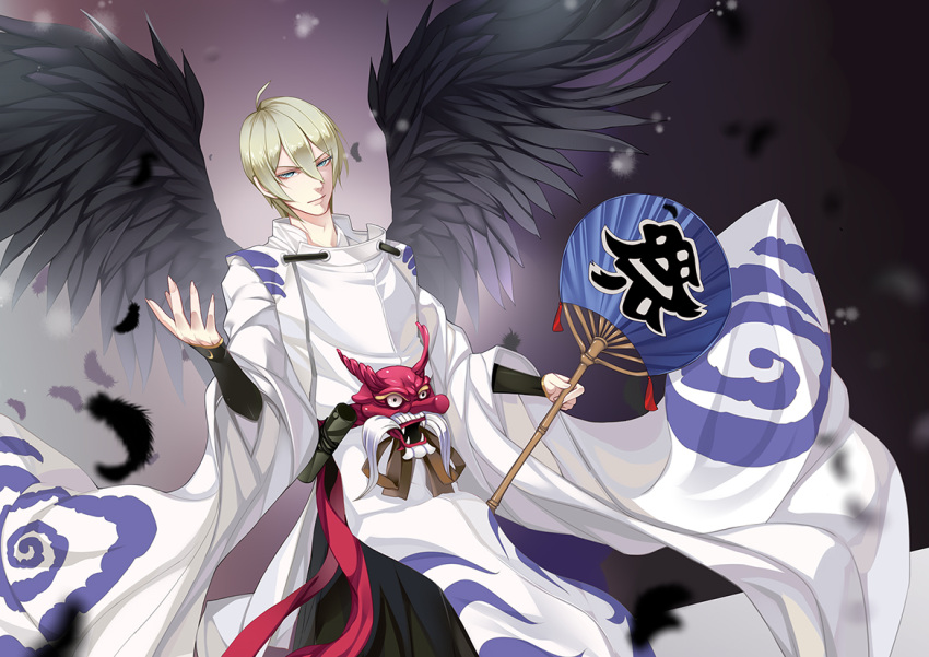 1boy, ahoge, black_feathers, black_wings, blue_eyes, daitengu, fan, fusai