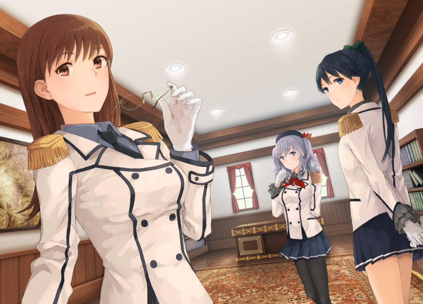 3girls, arms_behind_back, black_legwear, blue_eyes, blue_hair, blue_skirt, blush, book, bookshelf, breasts, brown_eyes, brown_hair, buttons, carpet, ceiling, ceiling_light, closed_mouth, collared_shirt, cosplay, curtains, desk, double-breasted, epaulettes, eyebrows_visible_through_hair, frilled_sleeves, frills, glasses, glasses_removed, gloves, green_ribbon, grey_hair, hair, hair_between_eyes, hair_ribbon, highres, holding, holding_glasses, houshou_(kantai_collection), kantai_collection, kashima_(kantai_collection), kashima_(kantai_collection)_(cosplay), katori_(kantai_collection), katori_(kantai_collection)_(cosplay), kerchief, lighting, long_hair, long_sleeves, looking_at_viewer, map, military, military_uniform, multiple_girls, necktie, ooi_(kantai_collection), open_mouth, pantyhose, pleated_skirt, ponytail, red_kerchief, ribbon, rimless_glasses, saji_(hk0405), shirt, silver_hair, skirt, smile, straight_hair, twintails, uniform, wall, wavy_hair, white_gloves, window, wooden_floor