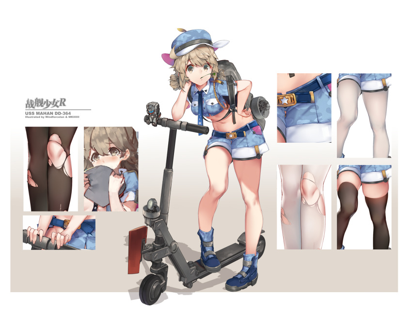 1girl, bangs, bare_legs, blue_boots, blue_shirt, blue_shorts, boots, breast_pocket