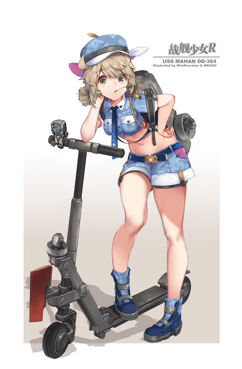 1girl, bangs, bare_legs, blue_boots, blue_shirt, blue_shorts, boots, breast_pocket