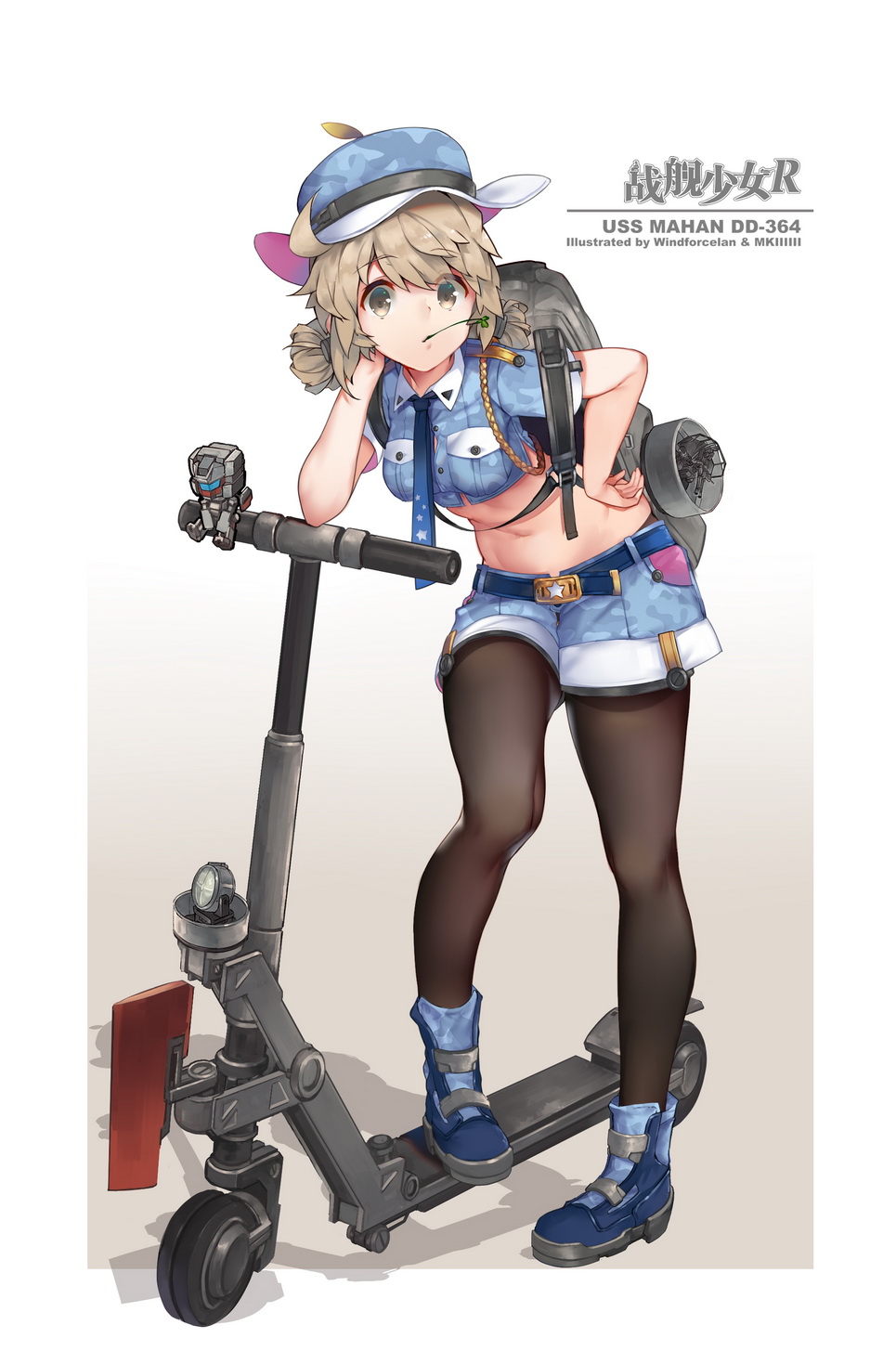1girl, bangs, black_legwear, blue_boots, blue_shirt, blue_shorts, boots, breast_pocket