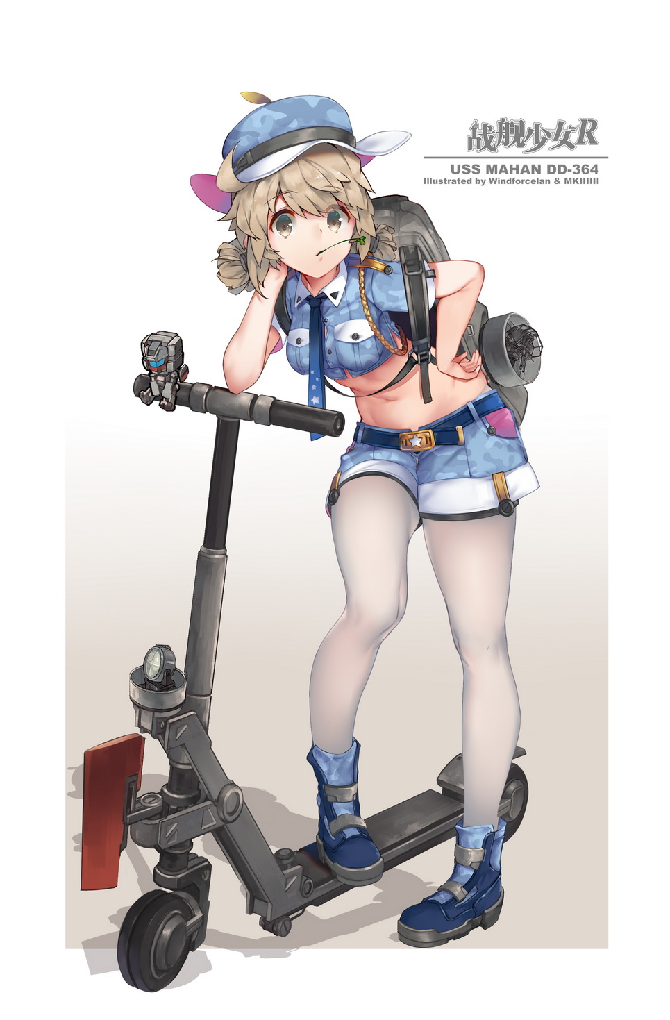 1girl, bangs, blue_boots, blue_shirt, blue_shorts, boots, breast_pocket, camouflage