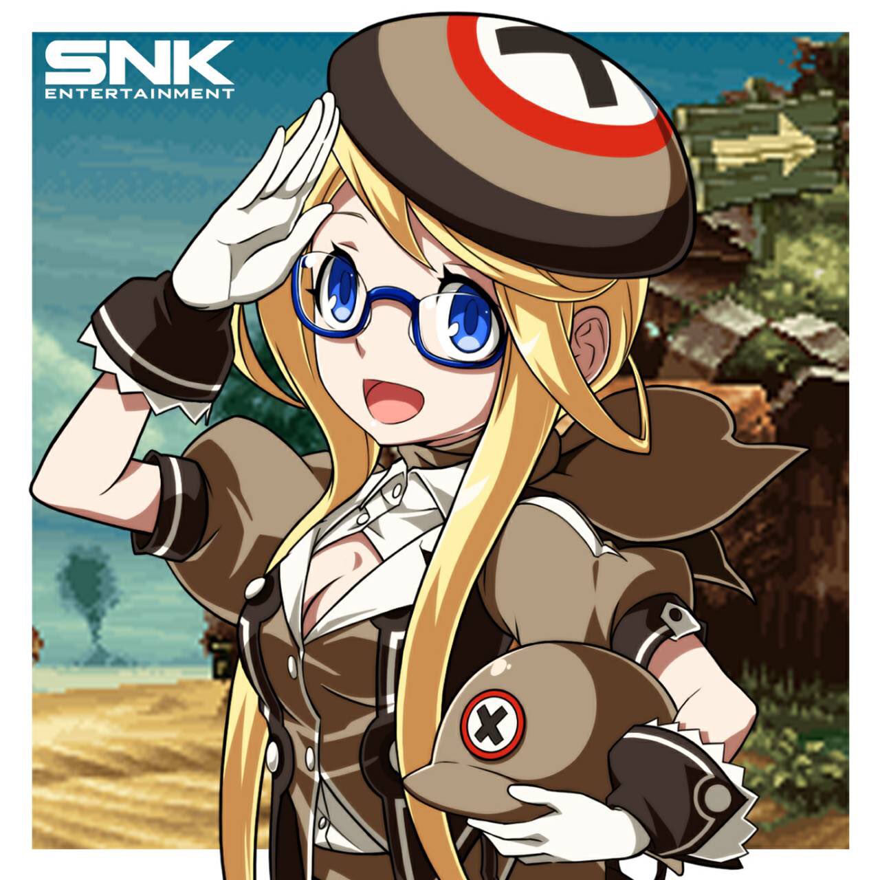 1girl, blonde_hair, blue-framed_eyewear, blue_eyes, enta_girl, falcoon, glasses, gloves