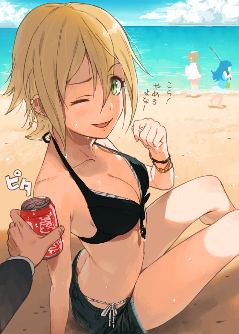 10s, 1boy, 3girls, ;d, beach, bikini, bracelet, breasts, cleavage, coca-cola, cutoffs, daifukumochi_(qquuiieett), denim, denim_shorts, earrings, front-tie_bikini, front-tie_top, green_eyes, hair_between_eyes, hair_down, halterneck, idolmaster, idolmaster_cinderella_girls, jewelry, kimura_natsuki, light_brown_hair, looking_at_viewer, medium_breasts, multiple_earrings, multiple_girls, nail_polish, one_eye_closed, open_mouth, outdoors, short_hair, short_shorts, shorts, side-tie_bikini, sitting, smile, solo_focus, swimsuit, wet, wet_hair