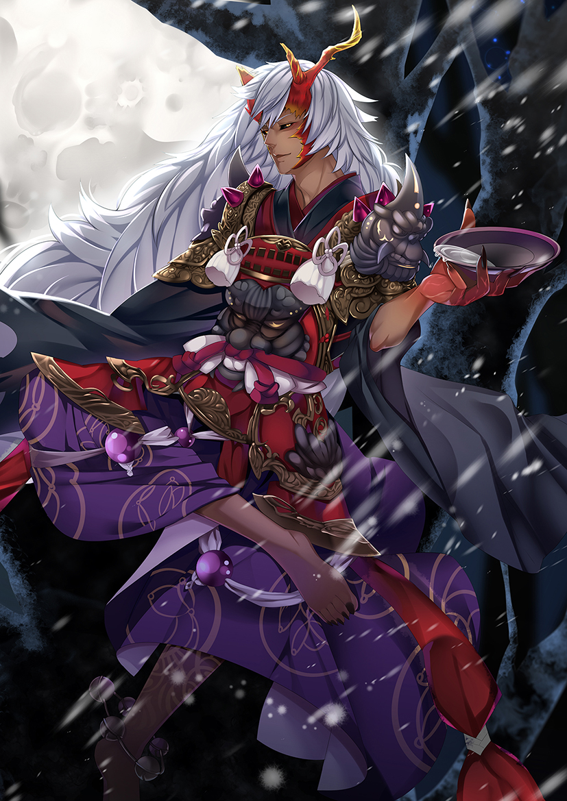 1boy, armor, bare_tree, barefoot, black_nails, black_sclera, claws, cup