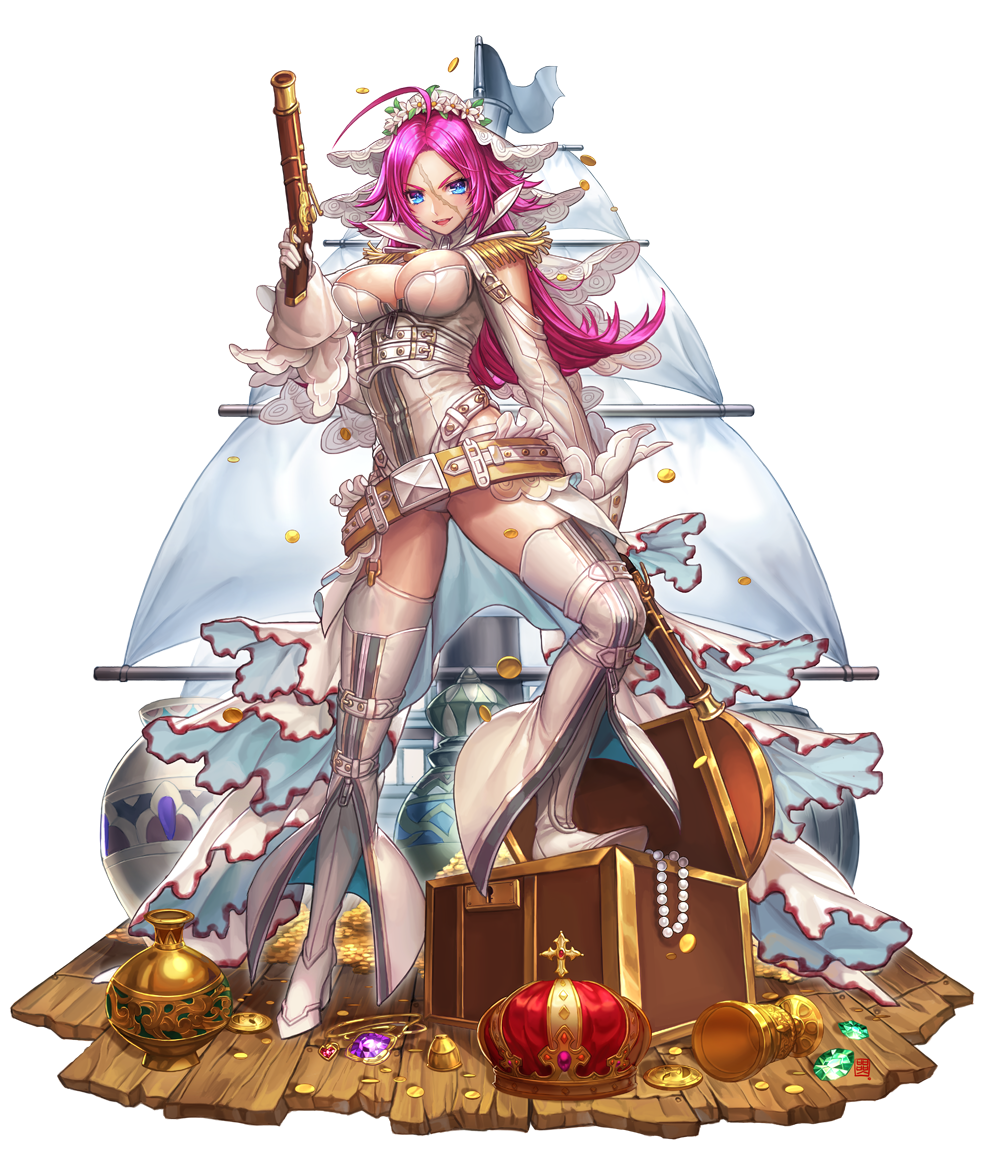 1girl, ahoge, amethyst, antique_firearm, belt, beltskirt, blue_eyes, boots, box_(hotpppink), breasts, bridal_veil, buckle, cleavage, coin, cosplay, crow's_nest, crown, emerald, fate/extra, fate_(series), firearm, firelock, flag, full-length_zipper, full_body, gem, gloves, gun, jewelry, knee_boots, leotard, mast, necklace, pearl_necklace, pottery, redhead, rider_(fate/extra), ruby_(stone), saber_bride, saber_bride_(cosplay), saber_extra, sail, scar, shoes, showgirl_skirt, solo, strap, tagme, treasure_chest, vase, veil, weapon, white_flag, wreath, zipper