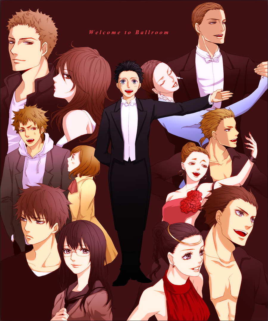 6+boys, 6+girls, :d, akagi_gaju, akagi_mako, ballroom_e_youkoso, black_hair, blue_eyes
