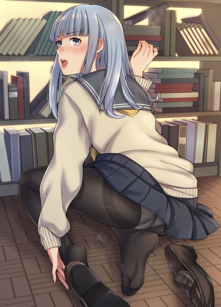 10s, 1girl, ass, bangs, black_legwear, blue_eyes, blue_hair, blunt_bangs
