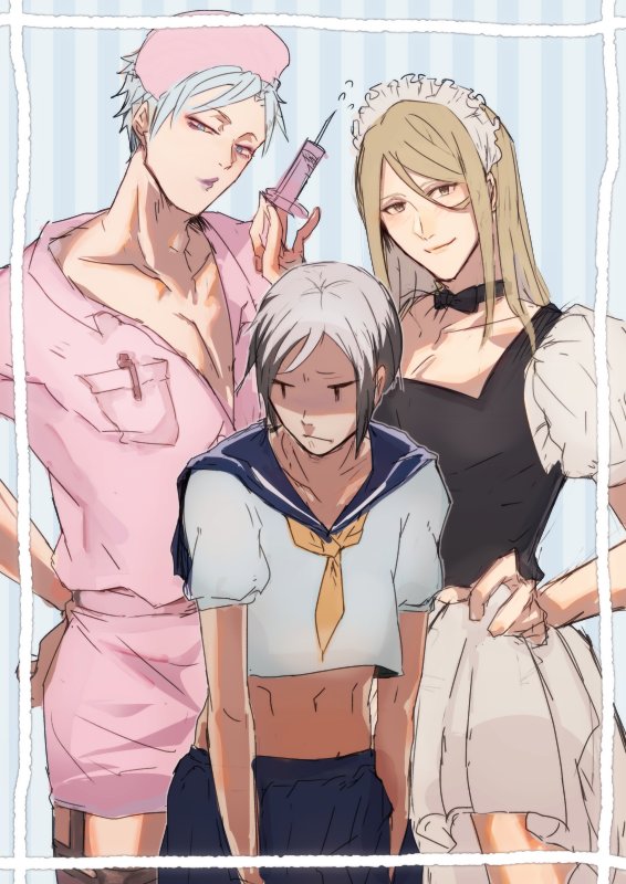 3boys, alternate_costume, apron, black_hair, blue_hair, brown_hair, cosplay, crossdressinging