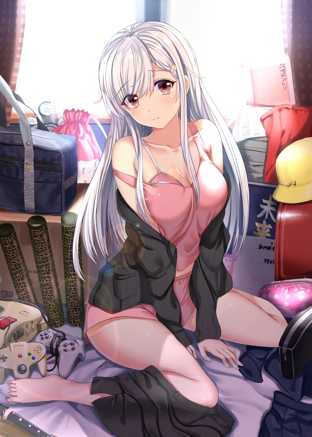 1girl, aldehyde, box, bra, brown_eyes, cardboard_box, commentary, controller