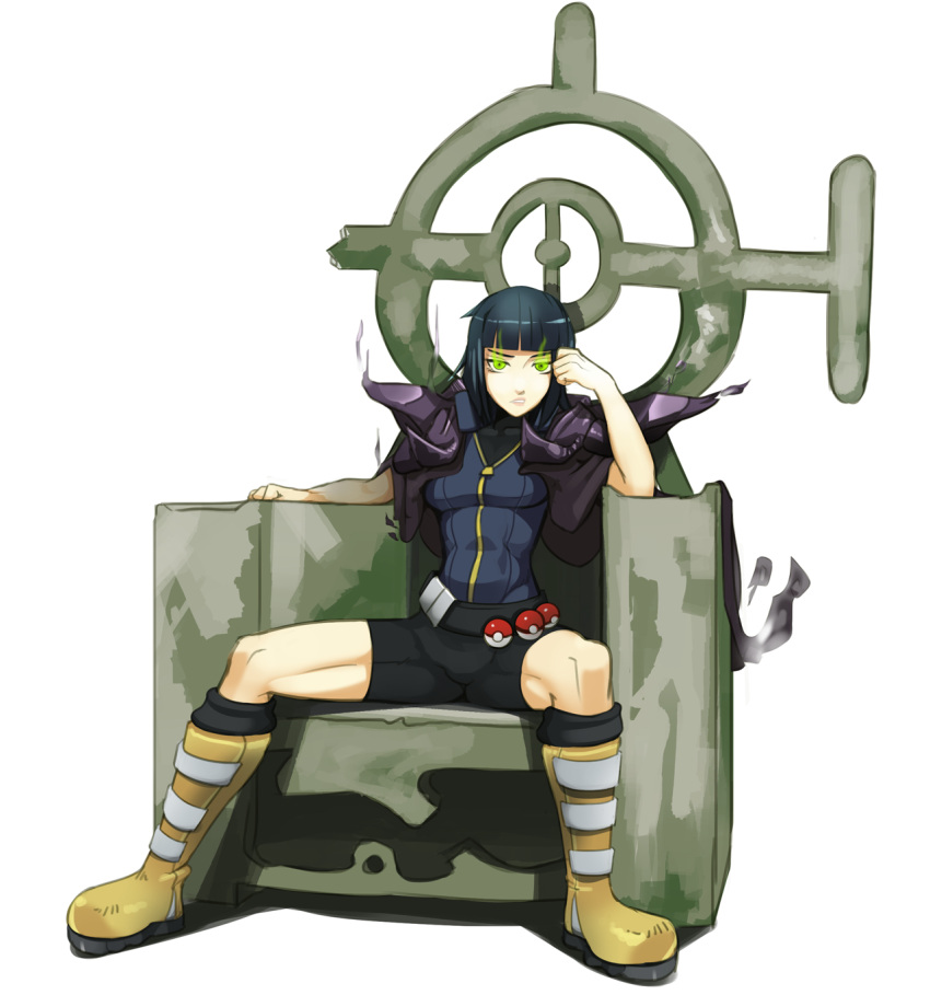 1girl, akira, bangs, belt_buckle, bike_shorts, black_hair, blunt_bangs, boots