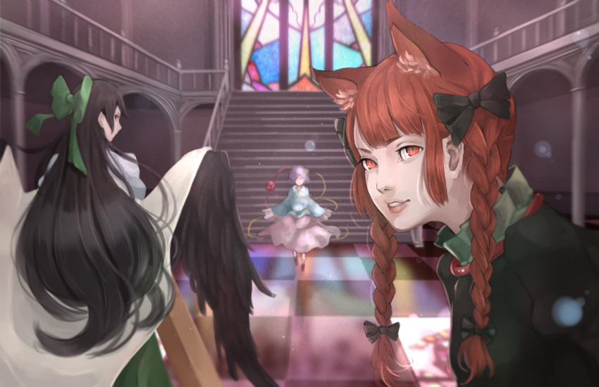 3girls, animal_ears, arm_cannon, bangs, bird_wings, black_hair, black_wings, blouse
