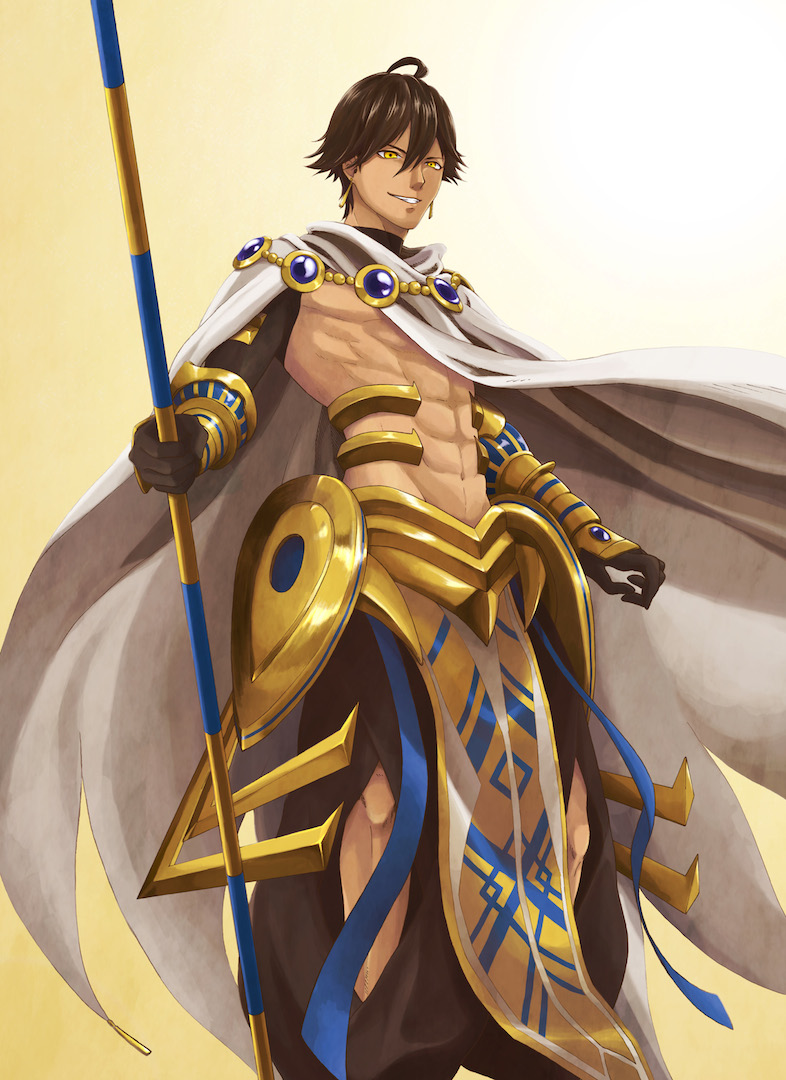 1boy, ahoge, armor, brown_hair, cape, dark_skin, dark_skinned_male, earrings, fate/prototype, fate/prototype:_fragments_of_blue_and_silver, fate_(series), jewelry, rider_(fate/prototype_fragments), shirtless, solo, staff, yellow_eyes, yoi_(207342)