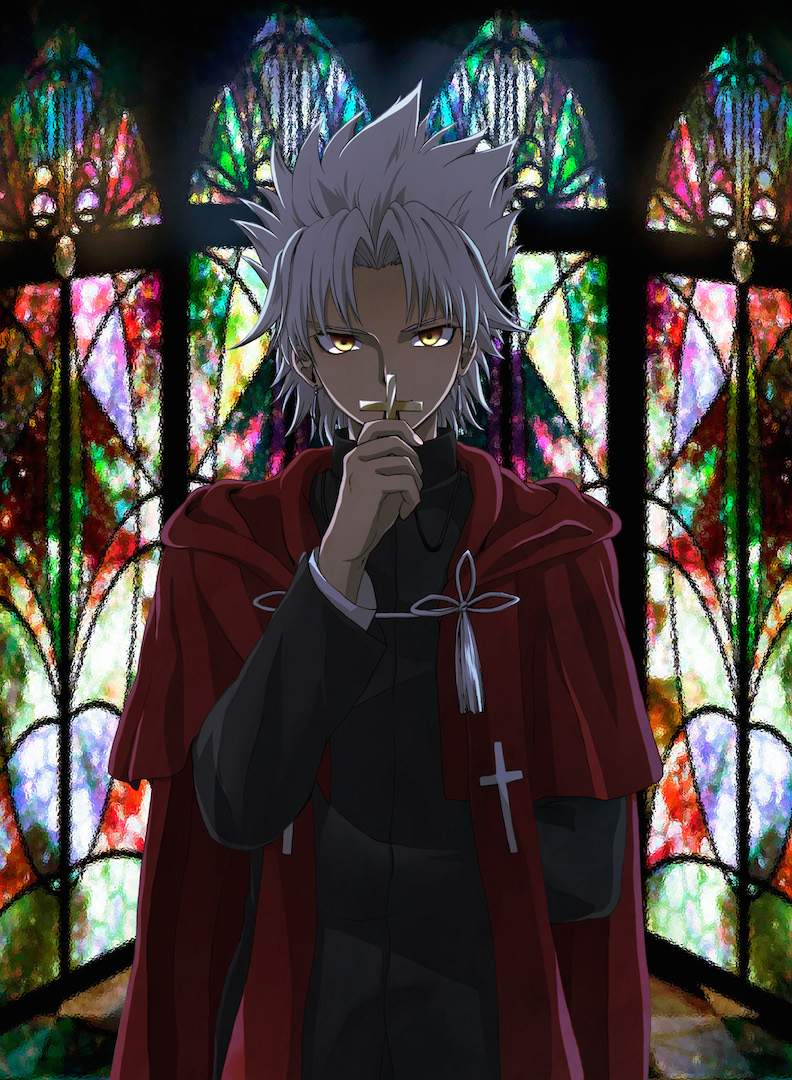 1boy, cassock, cross, cross_necklace, dark_skin, fate/apocrypha, fate_(series), holding_cross
