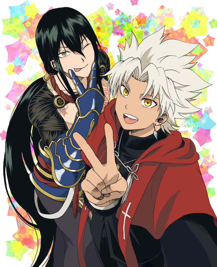 2boys, black_hair, chest_tattoo, dark_skin, earrings, fate/apocrypha, fate/grand_order, fate_(series)