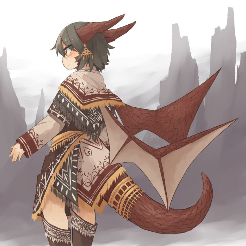1girl, black_eyes, black_hair, capelet, commentary_request, dragon_girl, dragon_horns, dragon_tail, dragon_wings, female, highres, horns, jewelry, kaginoni, light_smile, long_sleeves, looking_to_the_side, monster_girl, mountain, original, outdoors, profile, scales, short_hair, solo, tail, wings