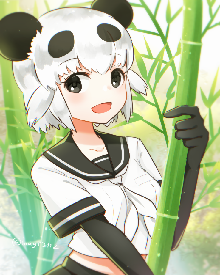 1girl, :d, bamboo, black_eyes, black_gloves, collarbone, elbow_gloves, giant_panda_(kemono_friends)
