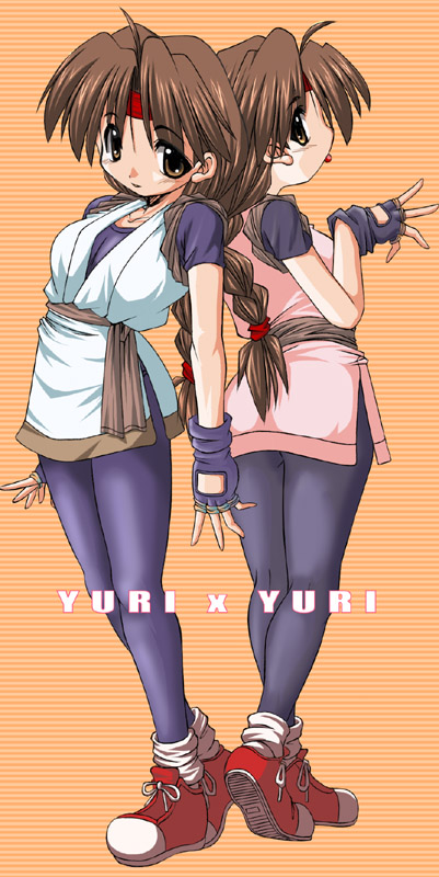 2girls, alternate_color, art_of_fighting, back-to-back, back_to_back, blush, braid, brown_eyes