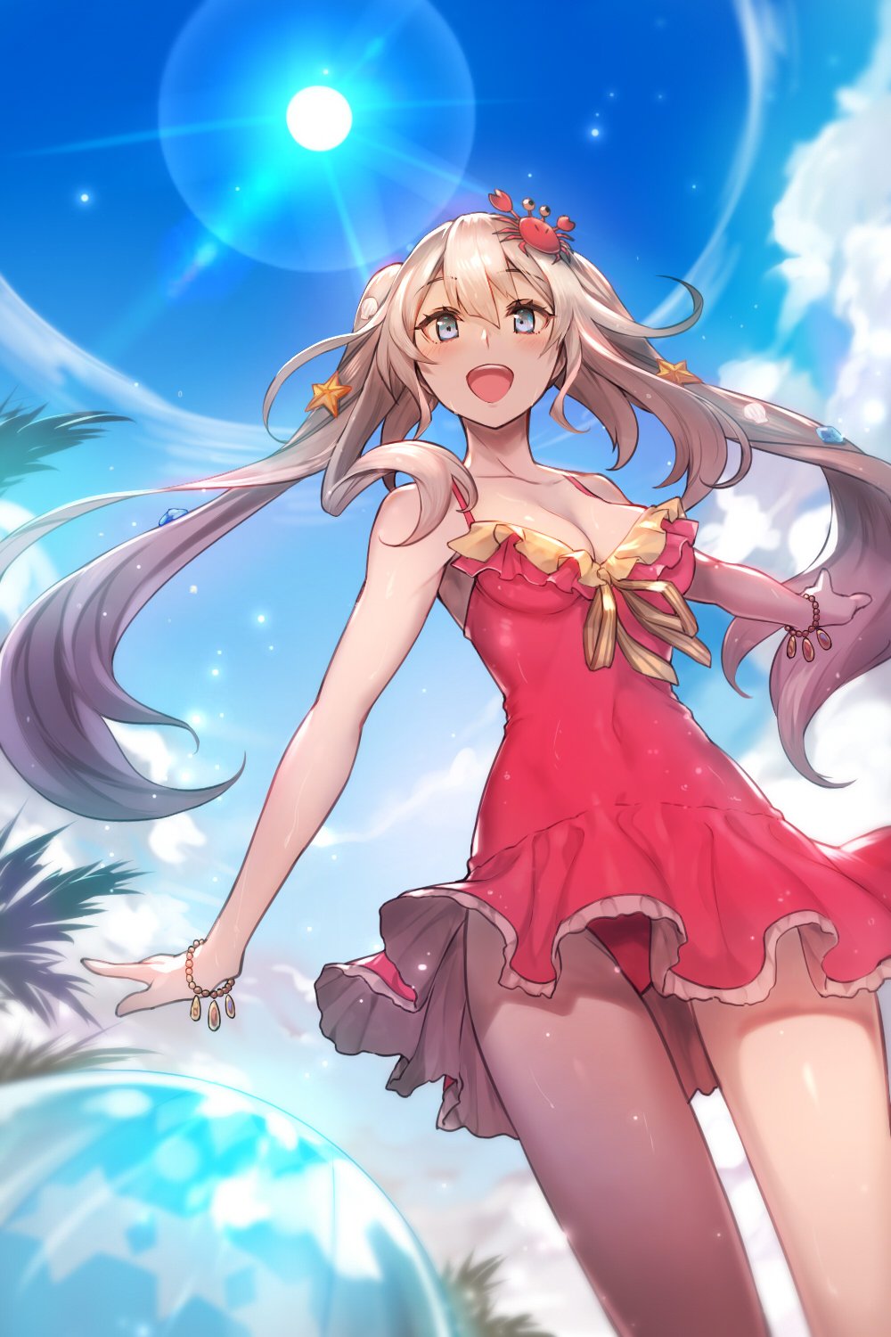 1girl, ball, bare_shoulders, beachball, blue_eyes, blush, clouds, collarbone, covered_navel, crab_on_head, fate/grand_order, fate_(series), from_below, highres, kakage, marie_antoinette_(fate/grand_order), marie_antoinette_(swimsuit_caster)_(fate), silver_hair, skirt, sky, solo, starfish, sun, twintails