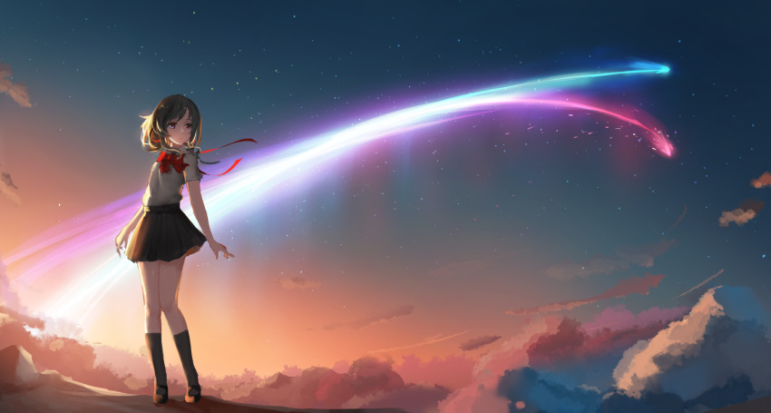 1girl, bangs, black_legwear, black_skirt, bow, bowtie, closed_mouth, clouds