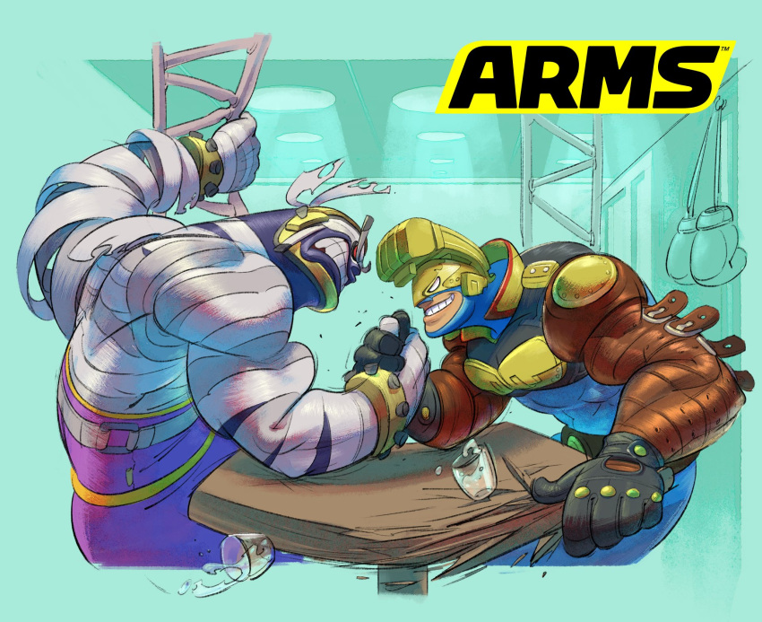 2boys, aqua_background, arm_wrestling, arms_(game), biceps, black_gloves, bodysuit, boxing_gloves