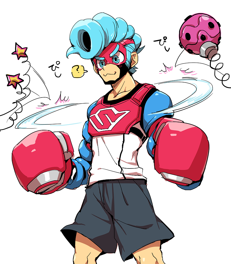 >:3, 1boy, :3, ?, al_bhed_eyes, arms_(game), black_shorts, blue_eyes