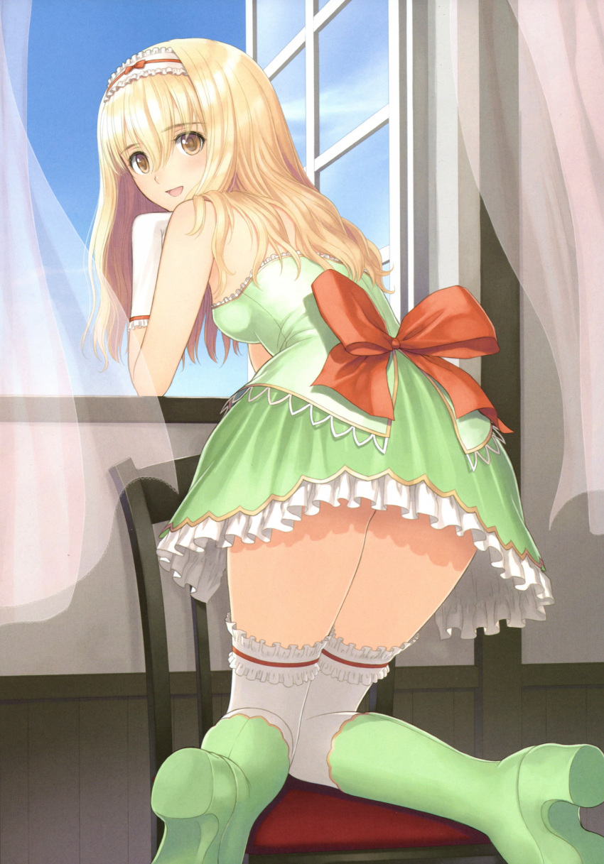 1girl, absurdres, arm_support, bangs, bare_shoulders, blonde_hair, boots, bow